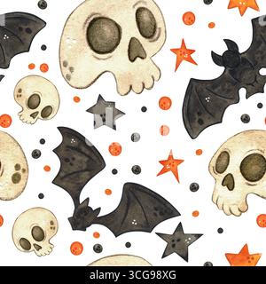 Nahtloses Muster mit schwarzen Fledermäusen und Schädeln. Halloween-Feiertag. Aquarellillustration handgezeichnet. Zeichnung für Papier, Textil, Einladungen. Tier Stockfoto