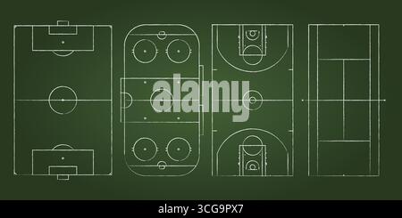 Set aus 4 Sportfeldern mit Draufsicht einschließlich Fußball, Tennis, Hockey und Basketball. Realistische Stadionlayouts mit Markierungen. Sammlung für Übereinstimmung Stock Vektor