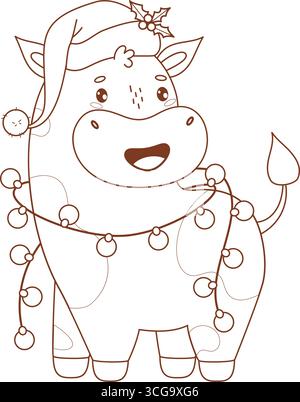 Entdecke die süße Happy Christmas Cow mit Weihnachtsmütze und Neujahrsgirlande. Lustiges Festliches Kawaii Little Animal. Linienzeichnung, Malbuch. Vektor Stock Vektor