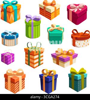 Farbenfrohe Geschenkboxen. Weihnachtsgeburtstag Geschenkbox mit verschiedenen Schleifenbögen. Geschenk für Veranstaltung, Feiertagsüberraschung sapid Vektor s Stock Vektor