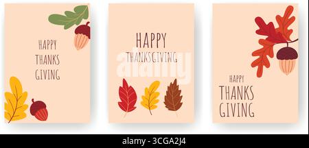 Set mit Happy Thanksgiving-Karten. Vorlage mit Eichenblättern und Eicheln und Glückwunschtext. Festlicher Herbstflyer, Faltblatt, Broschüre, Postkarte, Umschlag Stock Vektor