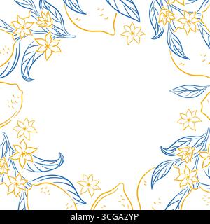 Zweigrahmen mit Zitronen-, Blatt- und Blütenblume im Linienart-Stil auf weißem Hintergrund. Design für Grußkarten, Website-Banner. Stock Vektor