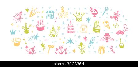 Set kindlicher, skurriler Buntstift-Kritzeleien. Kind süße Linie Kritzelchen Happy Birthday Hintergrund mit Konfetti, Feuerwerk, Sternen. Feiertagstorte mit Stock Vektor