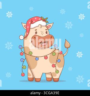 Süße Happy Christmas Kuh mit Weihnachtsmütze und Neujahrsgirlande. Lustiges Festliches Kawaii Little Animal. Vektorabbildung. Kinderkollektion. Nicht AI Stock Vektor