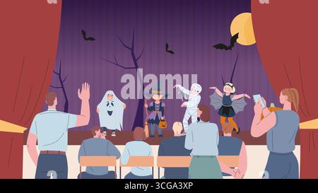 Eltern unterstützen ihre Kinder auf der Bühne. Halloween-Unterhaltung, Kindergarten-Show. Herbst saisonale Veranstaltung, Junge Mädchen in Karnevalskostümen Vektor Stock Vektor