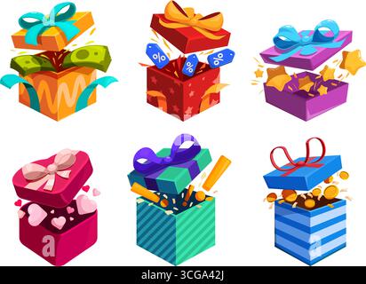 Spielboxen mit Boni. Überraschungsbox mit Geldmünzen, in der Herzen stehen. Elemente für Werbebanner, Geschenk im Quiz im Geschäft oder auf Partys, Preise sapid V Stock Vektor