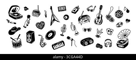 Set aus handgezeichneten Doodle-Elementen im Retro-Stil. Vintage-Vinylspieler, Discoball, Musikinstrumente. Hand mit Mikrofon. Punk, Rock, Jazzfestival. Stock Vektor