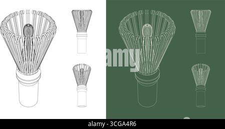 Set aus einem traditionellen Bambus Matcha Schneebesen (Chasen) mit mehreren Blickwinkeln, perfekt für kulinarische und japanische Teezeremonie Stock Vektor