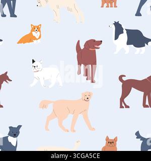 Lustiges nahtloses Muster für Haustiere. Verschiedene Hunde, Bulldogge, Retriever, Corgi. Druck für Stoff, Tapeten, Verpackung. Cartoon flache Welpen, Vektor-Hintergrund Stock Vektor