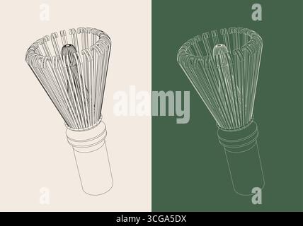 Detaillierte Drahtdarstellung eines traditionellen Bambus-Matcha-Schneebesen (Chasen) Stock Vektor
