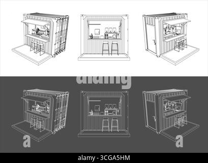 Detailliertes Drahtmodell-Zeichnungsset eines modernen Versandcontainer-Kiosks oder eines Konzessionsständers mit verschiedenen Ansichten für Architektur und Business Stock Vektor