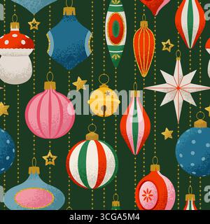 Nahtloses Weihnachtsmuster im Retro-Stil mit Weihnachtsschmuck an Fäden. Trendige Vektor-Illustration in flachem Stil Stock Vektor