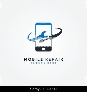 Ein modernes und professionelles Logo-Design für eine Handywerkstatt mit einem Smartphone mit Reparaturwerkzeugen. Perfekt für Unternehmen, die Telefone anbieten Stock Vektor