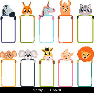 Banner für Kinder mit niedlichen Tieren. Einhorn Löwe Koala Schweinsweinwadergiraffe mit leeren Aufklebern für Notizen. Kinder Schreibwaren Elemente, Vektor-Set Stock Vektor