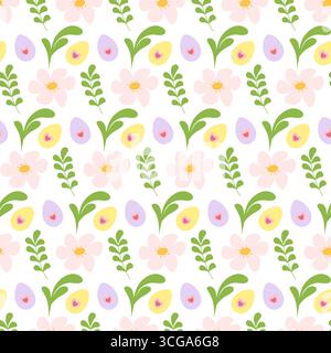 Farbenfrohe Ostereier mit Herzdekor und Blumen mit Zweigen nahtloses Muster Dekorative Fond. Isolierte Vektor-Illustration Osterfeiertag Gruß Thematische Karten Hintergrund Banner, Faltblatt, Etikett Stock Vektor