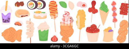 Cartoon asiatisches Streetfood. Frittierte Meeresfrüchte, Tintenfisch, Fisch- und Gemüsesorten. Bubble Tee und Eis, Mochi, Kekse mit Topping, rassige Vektor-Clipa Stock Vektor