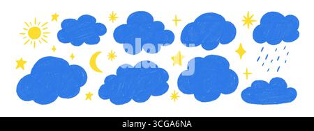 Blaue pastellfarbene Wolkenkritzeleien mit gelben Himmelselementen. Handgezeichneter Bleistift skizziert Wolken, Sterne, Sonne und Mond im Kinderstil. Vektorillustratio Stock Vektor