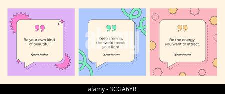 Moderne Zitatvorlagen mit abstrakten Dekorationen und pastellfarbenen Hintergründen für Posts in sozialen Medien. Vektorabbildung Stock Vektor