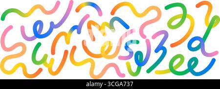 Rainbow Wave Line Set. Abstrakte, flüssige Wirbelformen mit Farbverlauf für moderne Kinderdesigns. Verzerrte Vektorelemente Stock Vektor