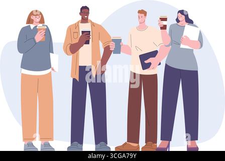 Junge Erwachsene stehen zusammen und trinken Kaffee. Mittagessen, Büroangestellte in der Pause mit Papieren, Studenten. Flache Zeichentrickfiguren, zeitgenössische Menschen-Vektoren Stock Vektor
