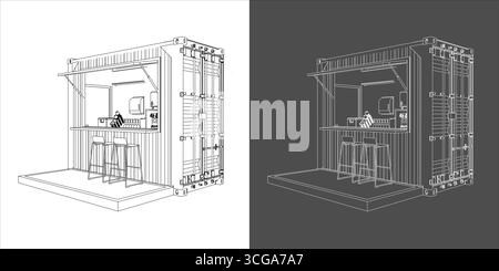 Detaillierte Zeichnung der Drahtmodelllinie eines modernen Versandcontainer-Kiosks oder eines Konzessionsständers Stock Vektor