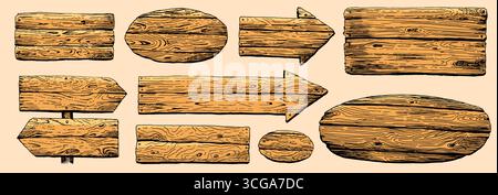 Set aus verschiedenen Schildern mit Holzrahmen, Pfeil- und Richtungstafeln, Pfosten oder Bannern, rustikalen Schildern im alten handgezeichneten Vintage-Stil für das Web Stock Vektor
