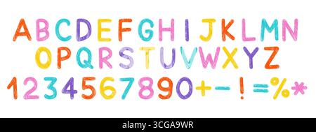 Handgezeichnetes Buntstift-Alphabet und Zahlen, Scribble-Stil. Kinderschriftart mit Kreide- und Bleistiftstruktur Stock Vektor