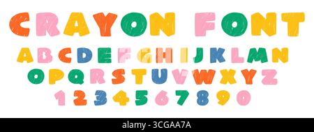Verspieltes handgezeichnetes Buntstift-Alphabet mit Zahlen. Bunte Buchstaben in Wachspastellfarben. Kinderschriftart mit Kreide- und Bleistiftstruktur Stock Vektor