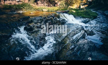 Kleiner Wasserfall, der über flache Felsen im Forest Stream fließt Stockfoto
