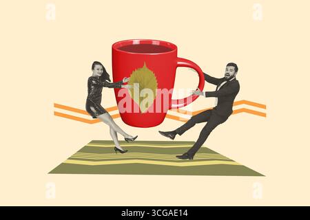 3D Collage Design Trend Artwork Skizze von jungen Gentleman Frau Stil Mode Fliege Hand halten heiße Tasse Getränk Herbst Collage saisonales Wetter Stockfoto