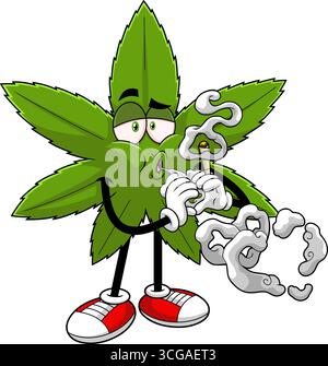 Lustige Marihuana Leaf Cartoon Figur, die Einen Joint raucht. Handgezeichnete Vektor-Illustration Isoliert Auf Transparentem Hintergrund Stock Vektor