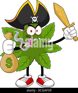 Marihuana Leaf Pirate Cartoon Figur Mit Geldbeutel Und Schwert. Handgezeichnete Vektor-Illustration Isoliert Auf Transparentem Hintergrund Stock Vektor