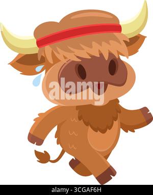 Niedliches Highland Cow Chef Cartoon-Joggen. Vektorabbildung Flache Konstruktion Isoliert Auf Transparentem Hintergrund Stock Vektor