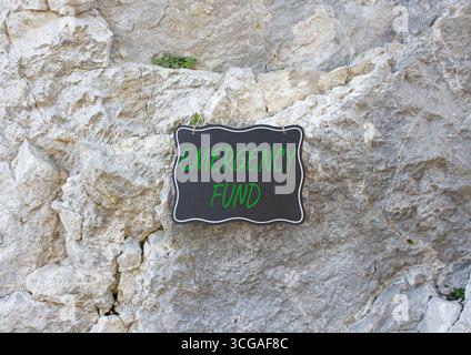 Symbol für Notfallfonds. Steinmauer mit Worten Rettungsfonds. Wunderschöner Steinhintergrund. Business and Emergency Fund Konzept. Kopierbereich. Stockfoto