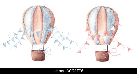 Wasserfarben Heißluftballon Set für einen Jungen und ein Mädchen mit blauen und rosa Wimpeln. Handgezeichnete Baby-Illustration in Pastellfarben isoliert auf weiß Stockfoto