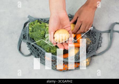 Lebensmitteleinkäufe, frisches Gemüse kaufen, Lebensmittelpreise erhöhen, hohe Lebenshaltungskosten und Inflation, Brokkoli, Karotten und Kartoffeln im Netz Stockfoto