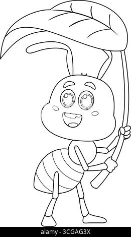 Die süße Ant Cartoon Figur hält Ein großes Blatt. Handgezeichnete Vektor-Illustration Isoliert Auf Transparentem Hintergrund Stock Vektor