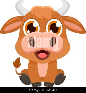 Niedlicher Baby Bull Animal Cartoon Charakter. Vektorabbildung Flache Konstruktion Isoliert Auf Transparentem Hintergrund Stock Vektor