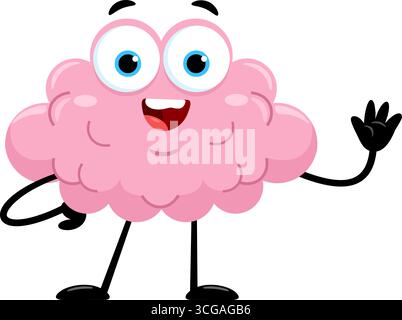 Lustige Brain Cartoon-Figur Winkt Zur Begrüßung. Vektorabbildung Flache Konstruktion Isoliert Auf Transparentem Hintergrund Stock Vektor
