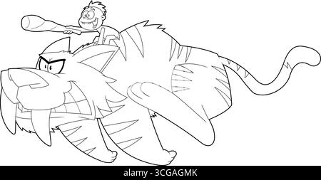 Die Charaktere Des Happy Caveman Kid Ride Saber-Zahned Tiger Cartoon. Handgezeichnete Vektor-Illustration Isoliert Auf Transparentem Hintergrund Stock Vektor