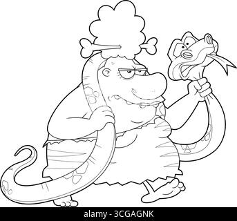 Die Angry Cave Woman, die Eine große Schlange-Cartoon-Figur schnappt. Handgezeichnete Vektor-Illustration Isoliert Auf Transparentem Hintergrund Stock Vektor