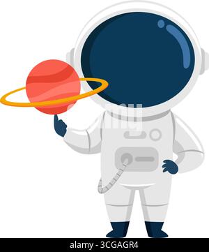 Niedlicher Astronaut-Cartoon-Charakter, Der Saturn Planet Hält. Vektorabbildung Flache Konstruktion Isoliert Auf Transparentem Hintergrund Stock Vektor
