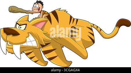Happy Caveman Kid Reitet Auf Dem Säbelzahntiger Tiger. Zeichentrickfiguren Vektor Handgezeichnete Illustration Isoliert Auf Transparentem Hintergrund Stock Vektor