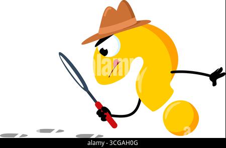 Niedliche gelbe Fragezeichen-Detektiv-Cartoonfigur mit Vergrößerungsglas, die Einem Hinweis folgt. Vektorabbildung Flache Konstruktion Stock Vektor