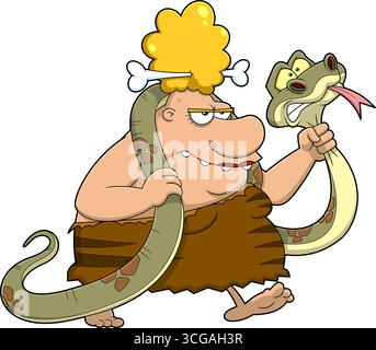 Angry Cave Woman, die Eine große Schlange-Cartoon-Figur schnappt. Handgezeichnete Vektor-Illustration Isoliert Auf Transparentem Hintergrund Stock Vektor