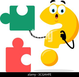 Niedliche Gelbe Fragezeichen-Zeichentrickfigur Mit Puzzleteil. Vektorabbildung Flache Konstruktion Isoliert Auf Transparentem Hintergrund Stock Vektor