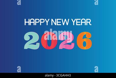 „Happy New Year 2026 Greeting“ – farbenfrohe Ziffern auf blauem Hintergrund Stock Vektor