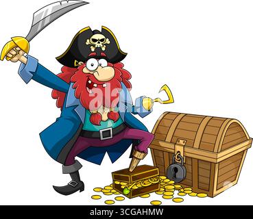 Lustige Piraten-Cartoon-Figur Mit Schwert Und Schatzkiste. Handgezeichnete Vektor-Illustration Isoliert Auf Transparentem Hintergrund Stock Vektor