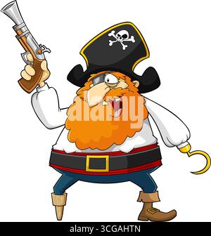 Lustige Pirate Cartoon Figur Mit Pistole Und Haken. Handgezeichnete Vektor-Illustration Isoliert Auf Transparentem Hintergrund Stock Vektor
