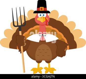Niedliche Pilger-Truthahn-Vogel-Zeichentrickfigur, die Eine Pitchfork hält. Vektorabbildung Flache Konstruktion Isoliert Auf Transparentem Hintergrund Stock Vektor